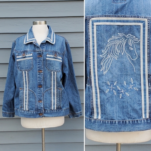 Vintage 90s Y2k L.A. Blues Hand Created Horse Embroidered Back Panel Jean Jacket - Picture 2 of 7